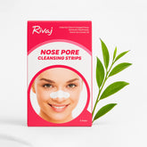 Rivaj nose pore cleansing strips box showing packaging with model using nose strip for removing blackheads and excess oil