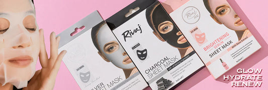Rivaj sheet mask collection including charcoal silver and brightening serum masks for glowing hydrated skin