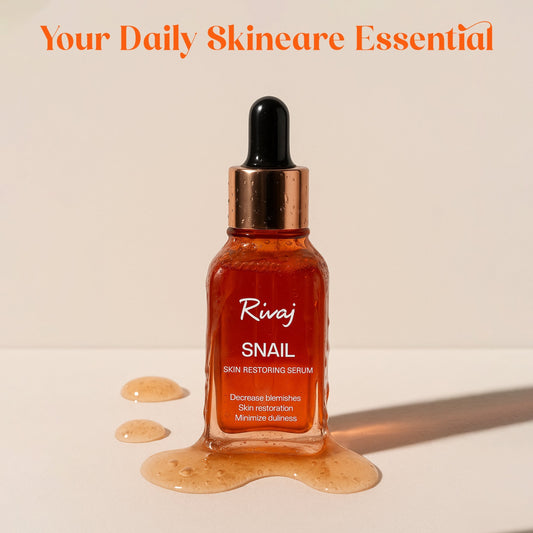 Rivaj snail skin restoring serum as a daily skincare essential for hydrated, smooth, glowing skin.