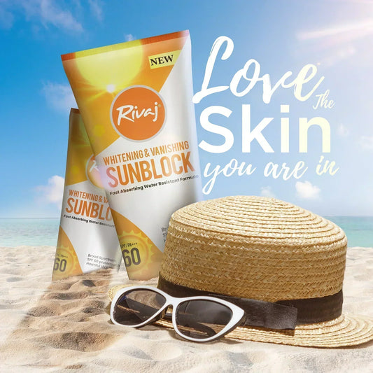 Rivaj Whitening and Vanishing Sunblock SPF 60 fast absorbing water resistant formula on beach