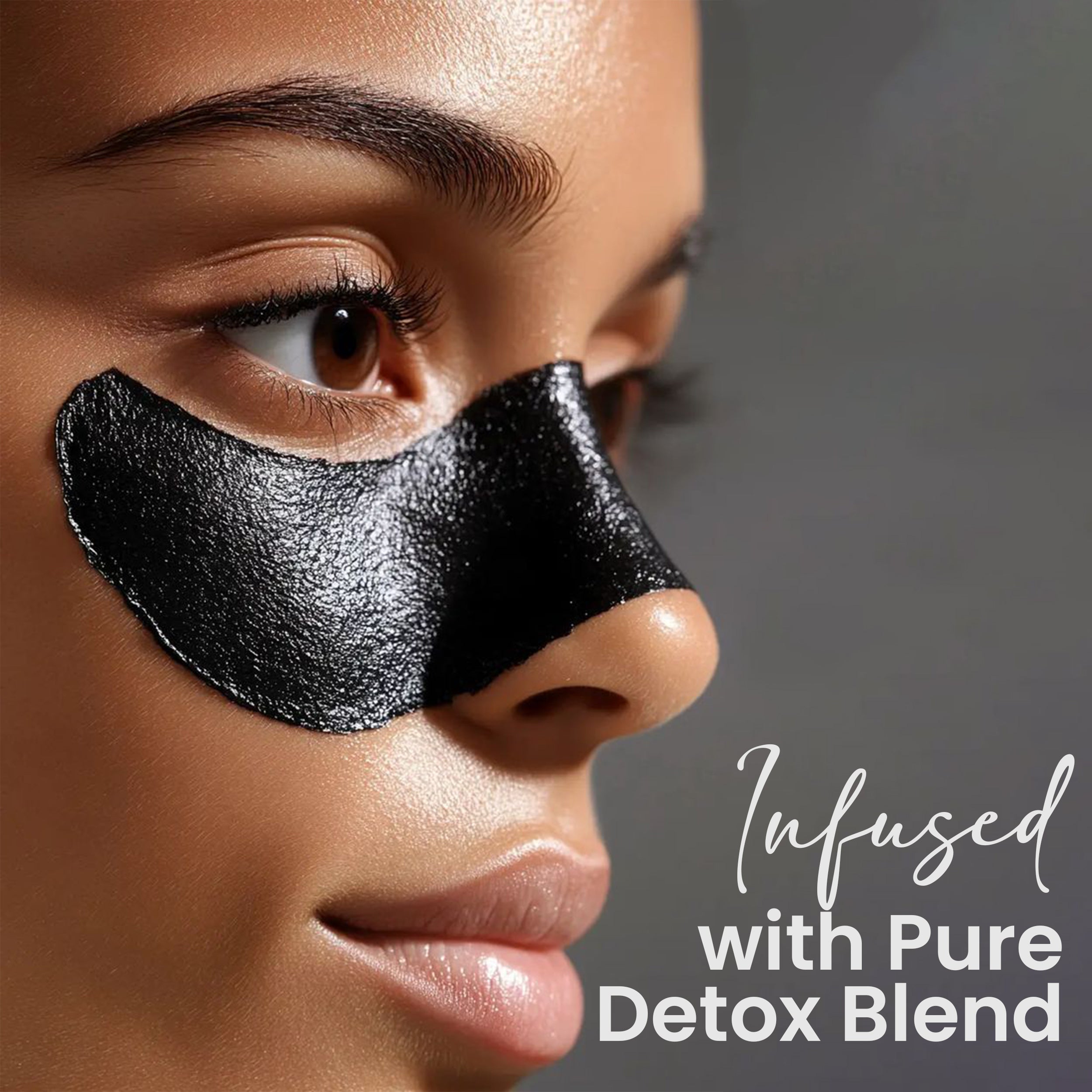 Close-up of charcoal nose strip infused with detox blend to cleanse pores and remove blackheads