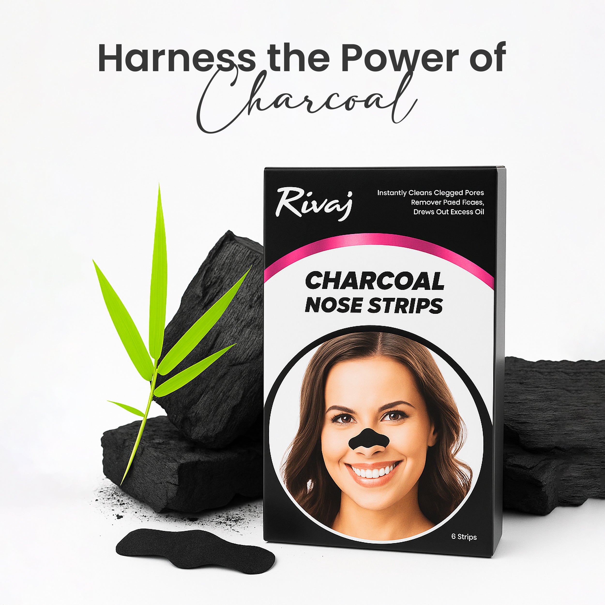 Charcoal nose strips by Rivaj designed to cleanse clogged pores and remove blackheads