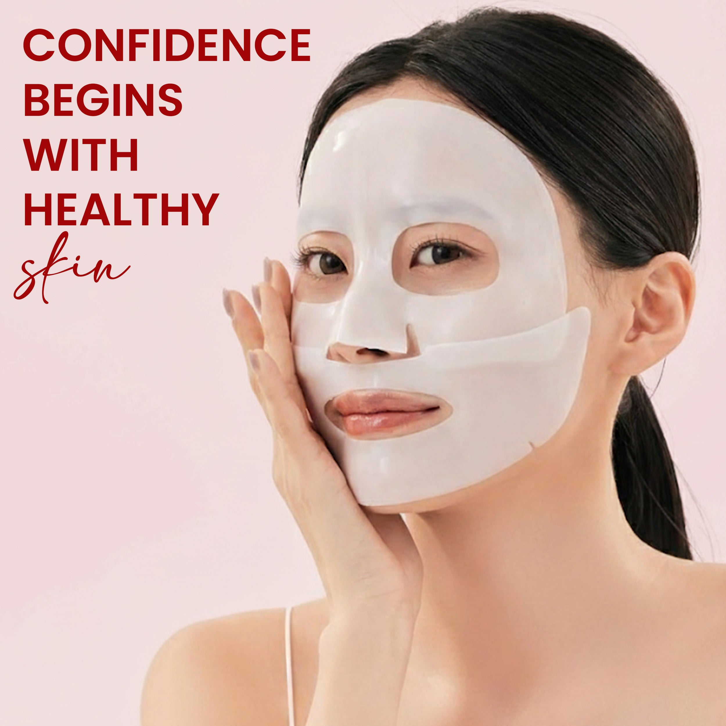 Woman wearing sheet mask showing healthy skin confidence and daily skincare routine
