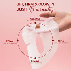 How to use firming sheet mask showing cleanse apply relax remove steps for glowing skin in 15 minutes