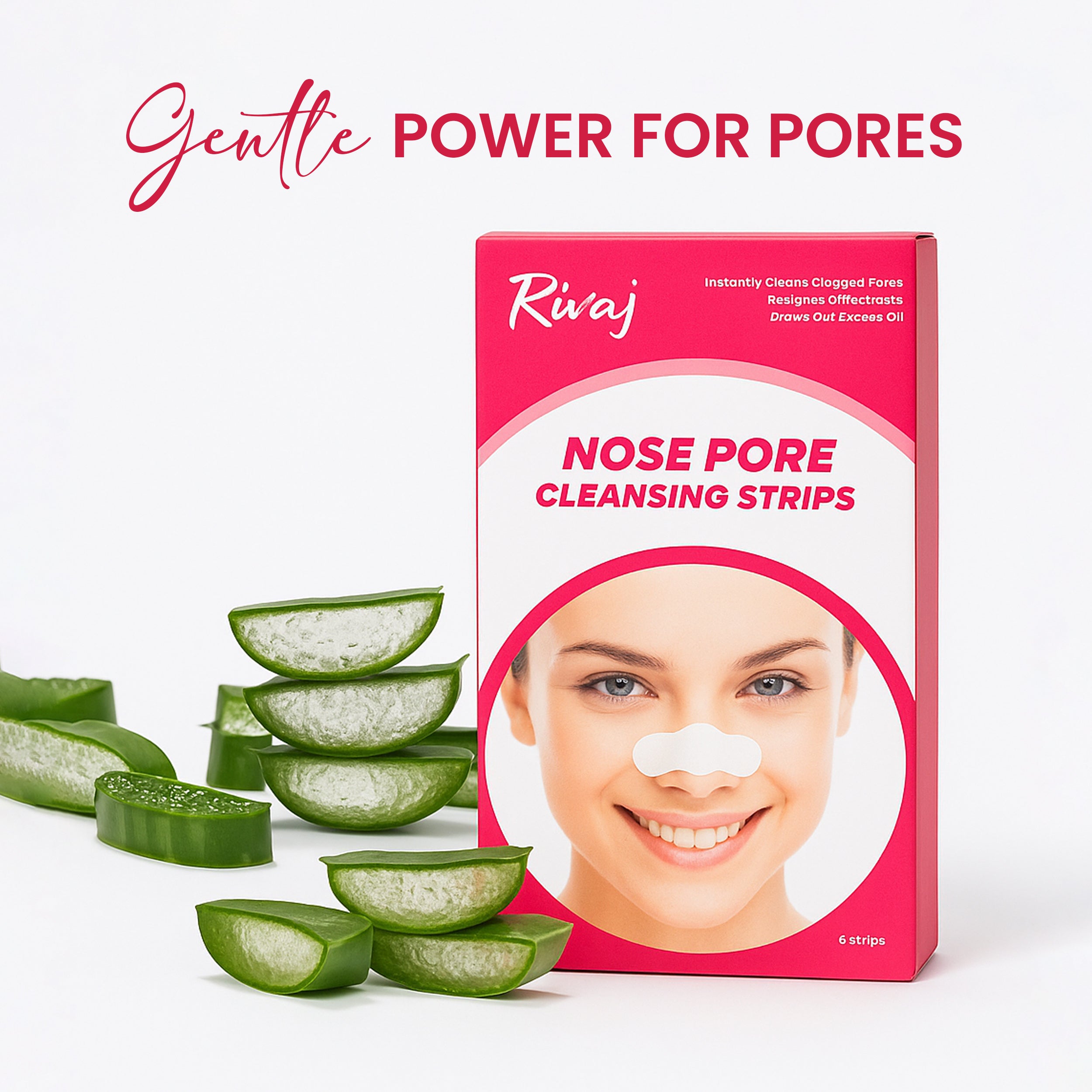 Nose pore cleansing strips box with aloe vera showing gentle pore cleansing power for removing excess oil and impurities