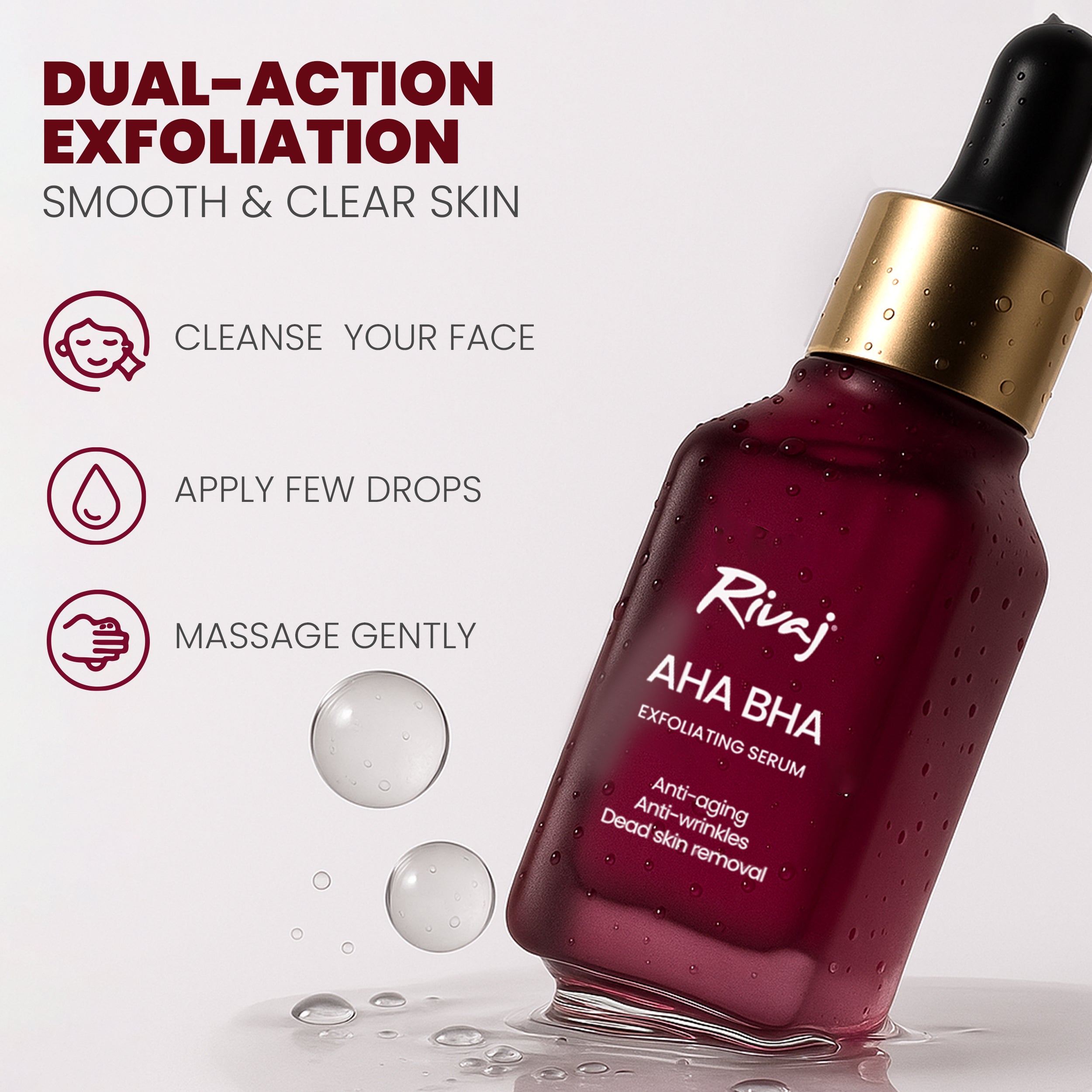 Rivaj AHA BHA dual-action exfoliating serum showing how to use steps for smooth and clear skin