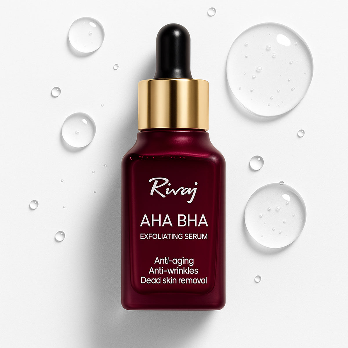 Rivaj AHA BHA exfoliating serum bottle for anti-aging, anti-wrinkle and dead skin removal