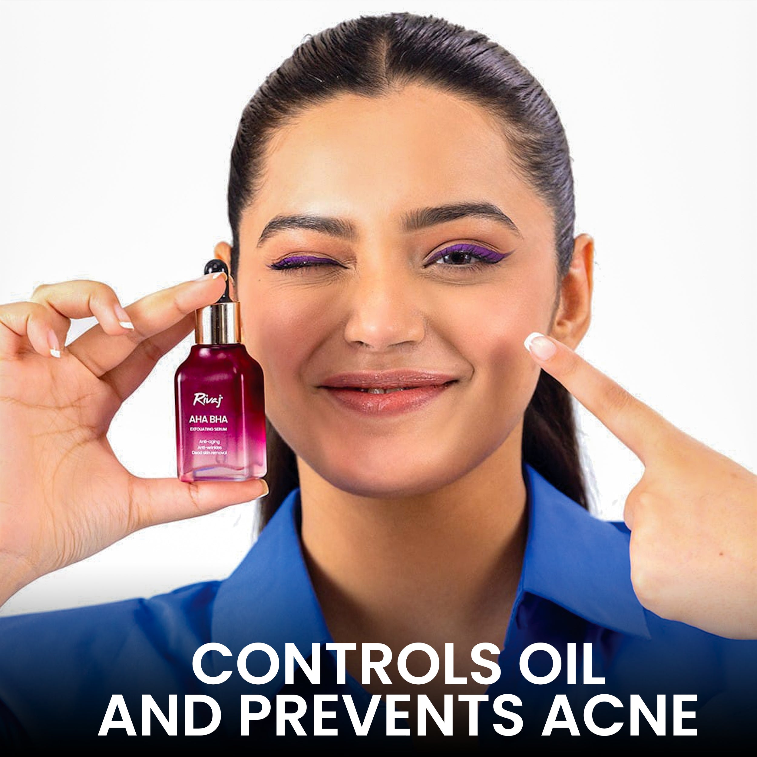 Woman holding Rivaj AHA BHA exfoliating serum and pointing to her face, highlighting oil control and acne-prevention benefits for clearer, smoother-looking skin