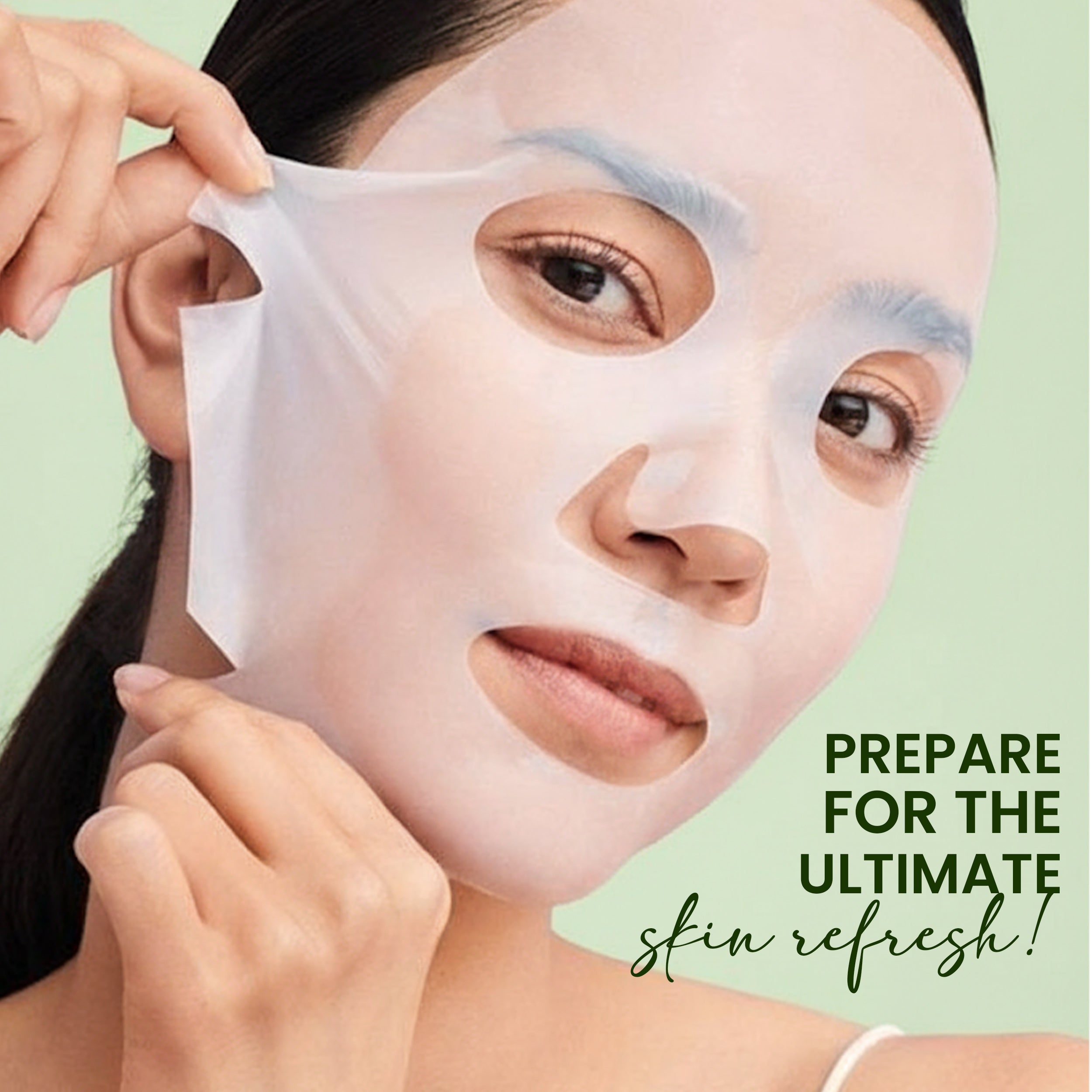 Woman applying Rivaj Aloe Vera sheet mask on face for deep hydration soothing skin refresh calming and daily skincare routine