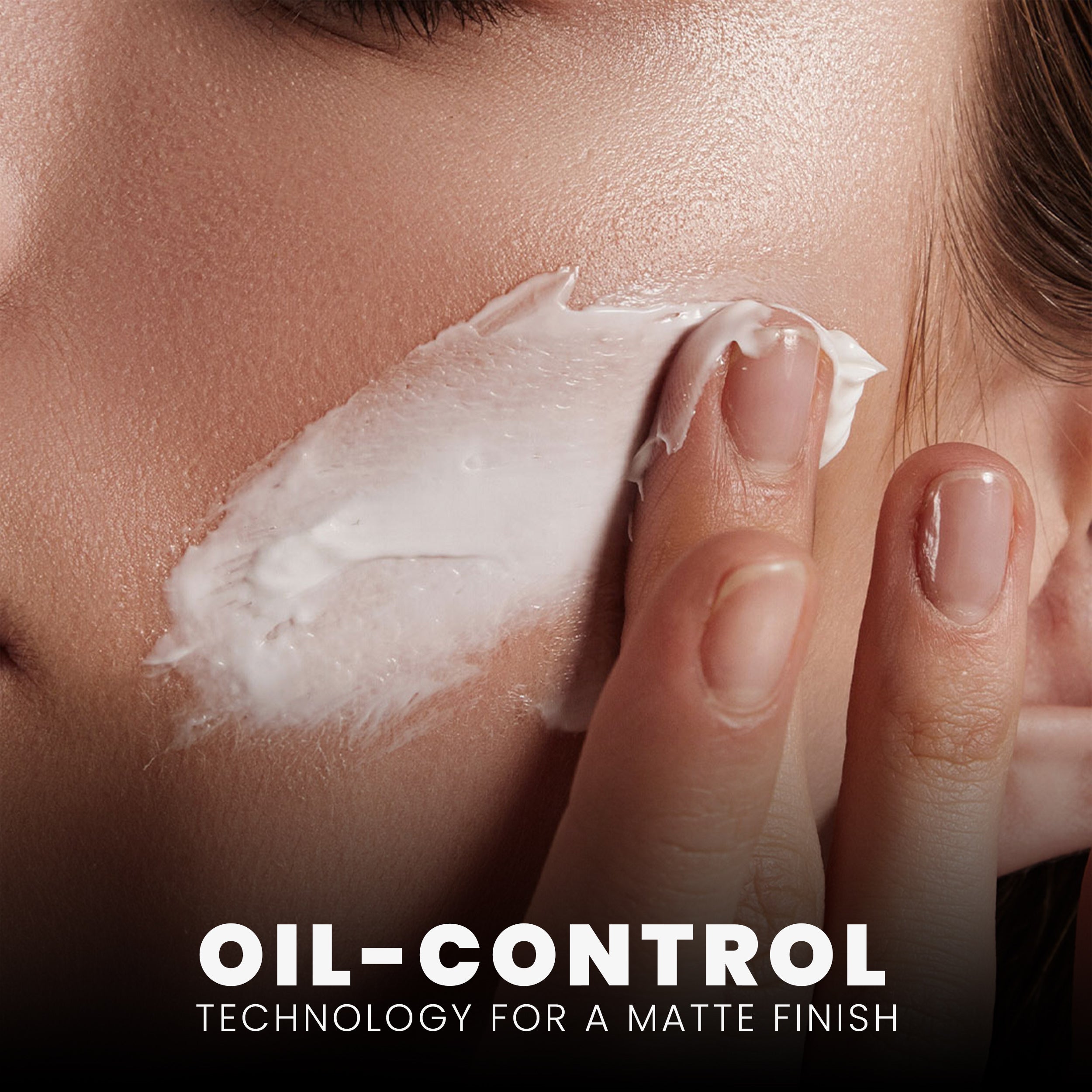 Applying Rivaj Anti Sebum Sunblock showing oil control technology and matte finish