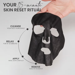 Rivaj UK charcoal sheet mask shown in hand with 15 minute skincare routine steps cleanse apply relax and remove for deep cleansing and refreshed skin