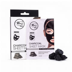 Rivaj UK charcoal sheet mask packaging with charcoal pieces for deep cleansing purifying pores oil control and refreshing skincare routine