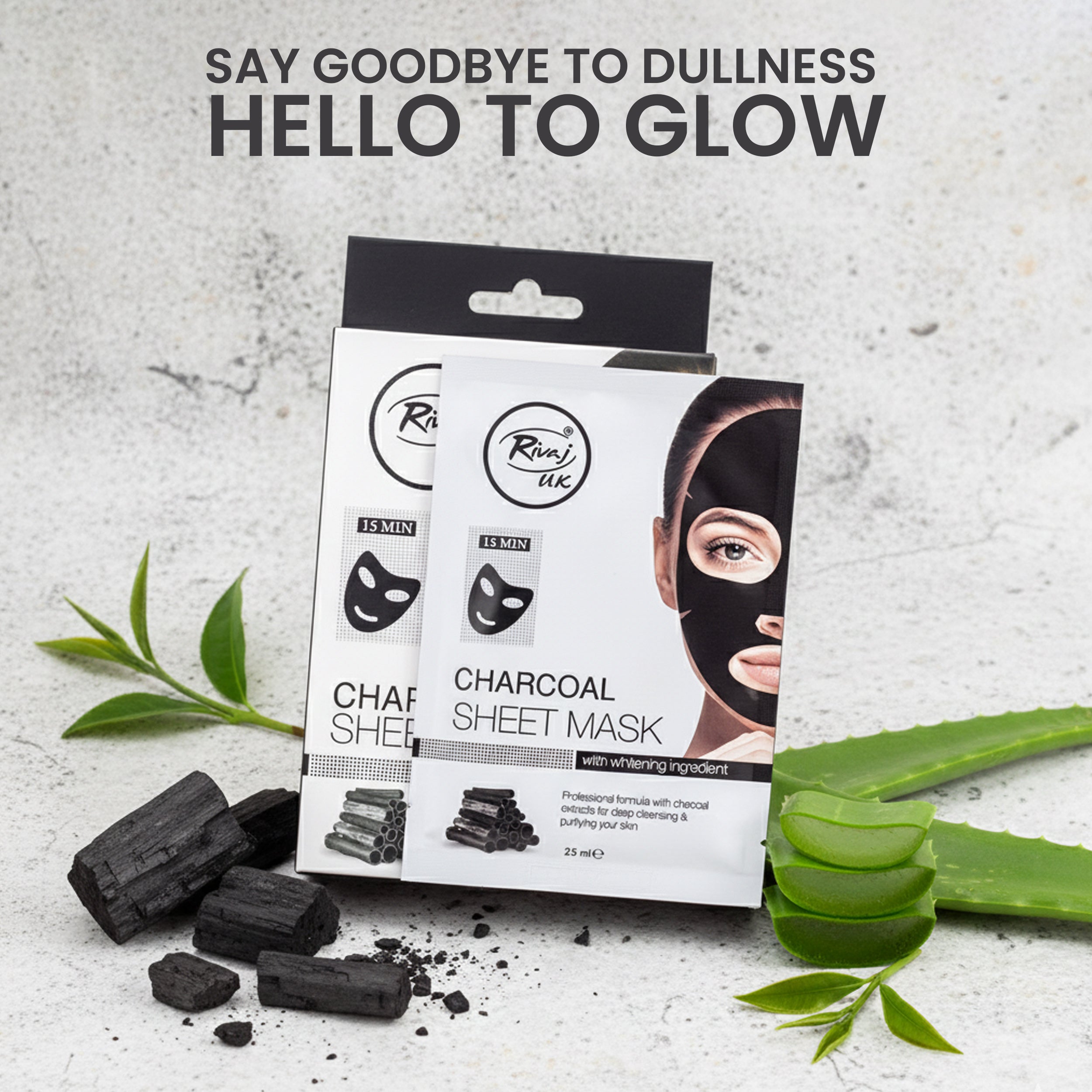 Rivaj UK charcoal sheet mask pack showing charcoal face mask for deep cleansing dull skin and glow looking complexion
