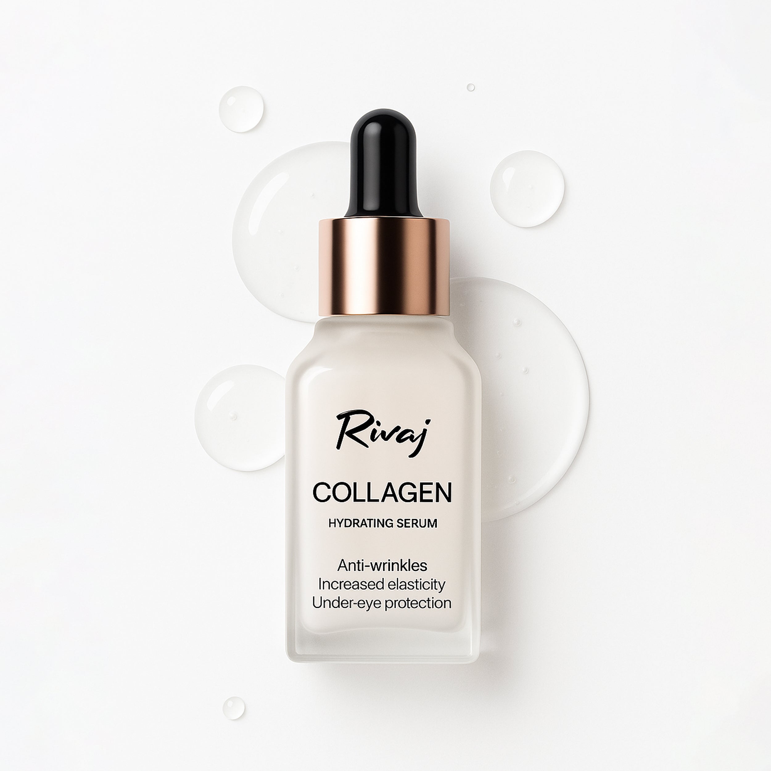 Rivaj collagen hydrating serum bottle on white background, designed to support skin hydration, improve elasticity, and reduce the appearance of fine lines