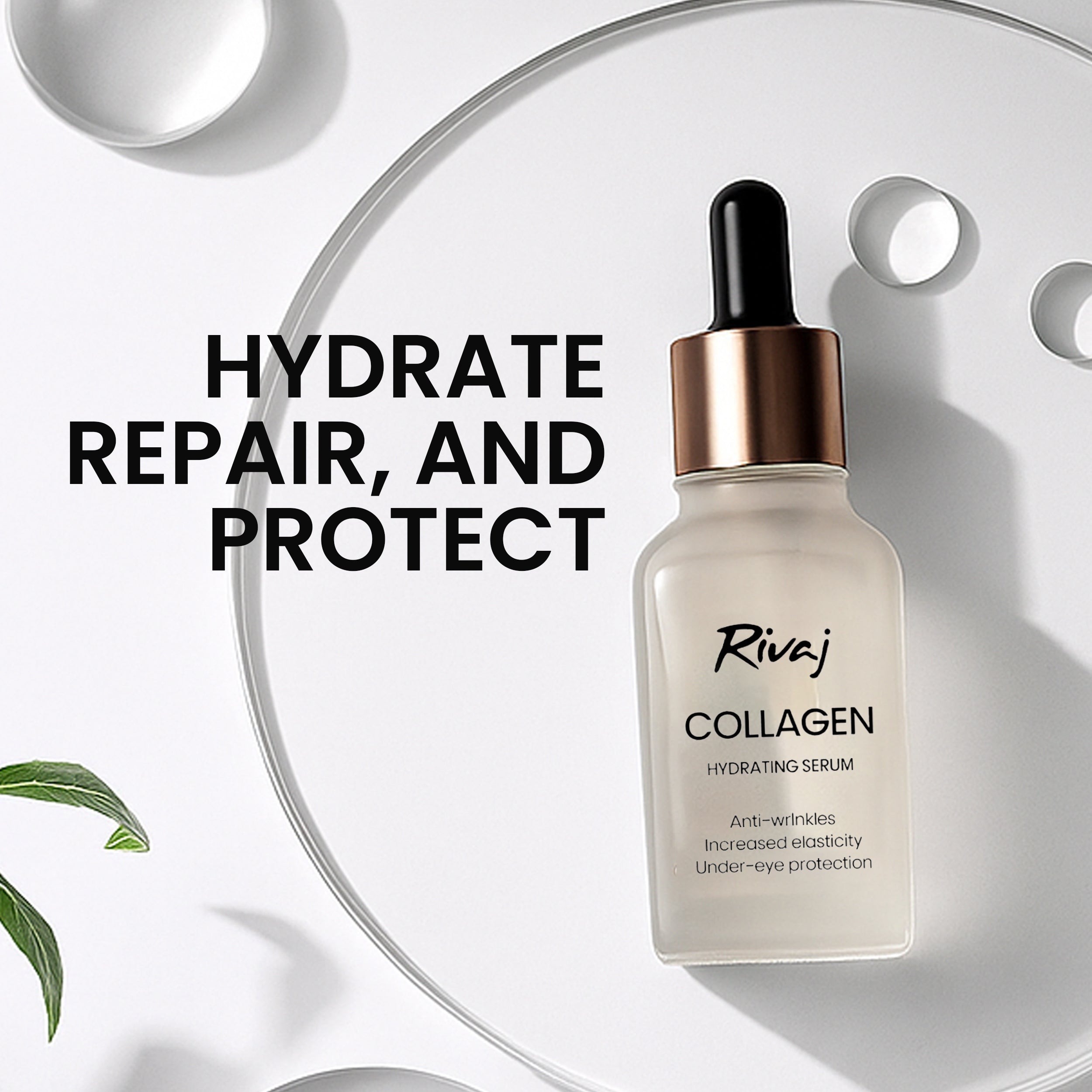 Rivaj collagen hydrating serum bottle on a clean white background, highlighting hydration, skin repair, and protective skincare benefits for smoother, healthier-looking skin.