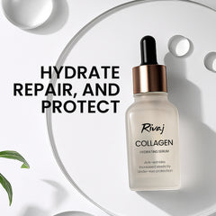 Rivaj collagen hydrating serum bottle on a clean white background, highlighting hydration, skin repair, and protective skincare benefits for smoother, healthier-looking skin.