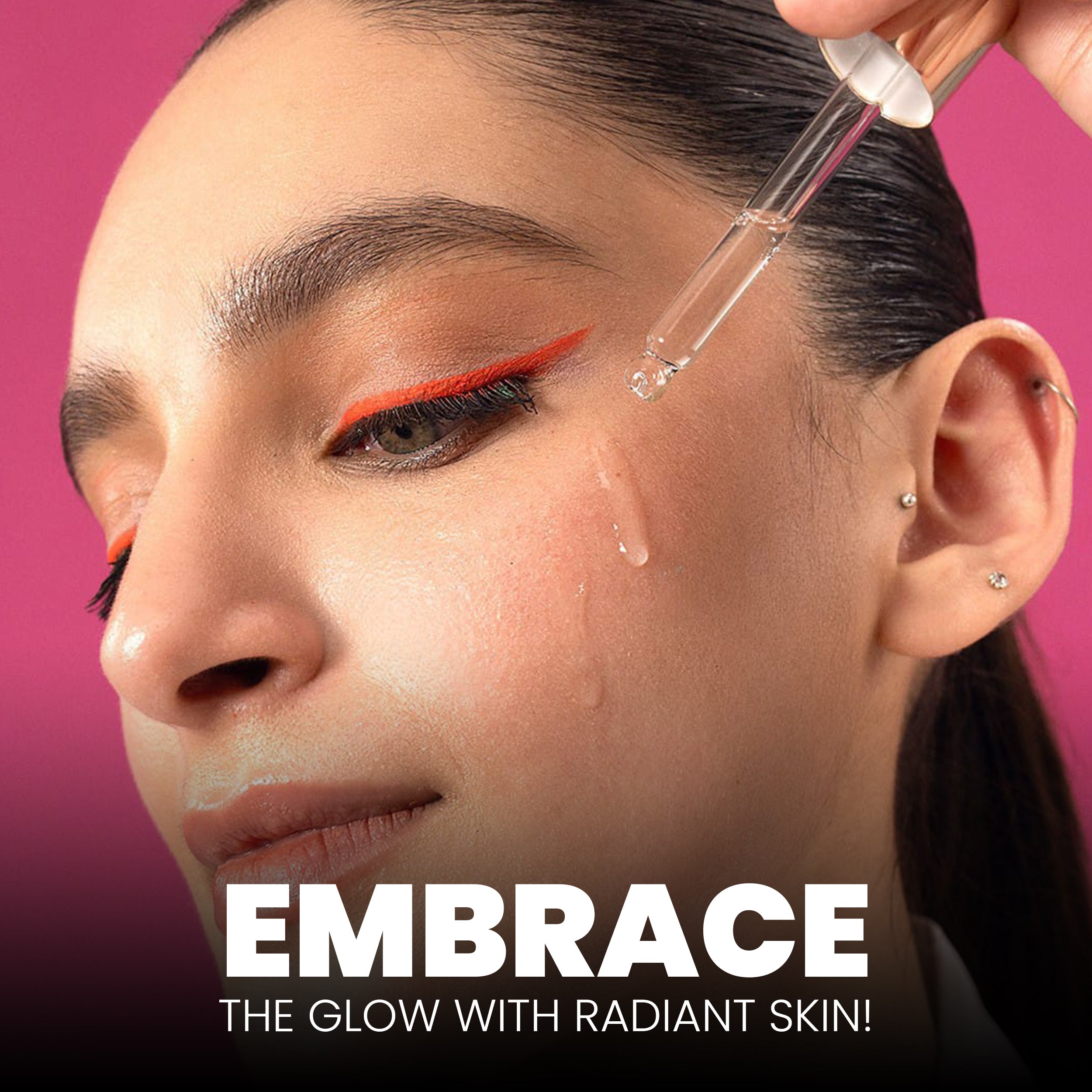 Close-up of a woman applying face serum with a dropper, highlighting a glowing, radiant complexion and smooth skin texture as part of a skincare routine.