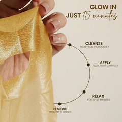 rivaj gold sheet mask showing how to use steps cleanse apply relax remove for glowing skin in 15 minutes