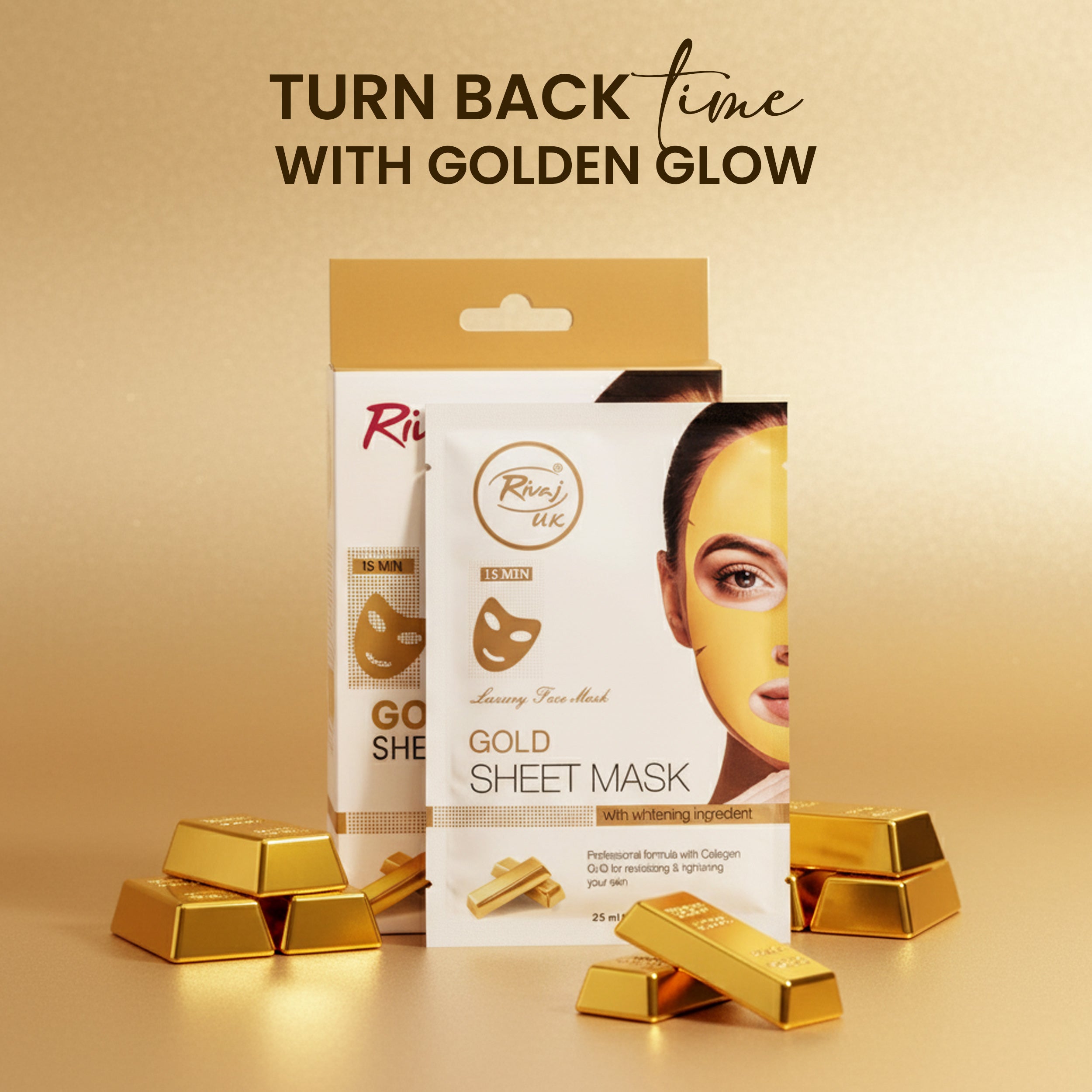 rivaj gold sheet mask with golden glow packaging showing anti aging brightening skincare results