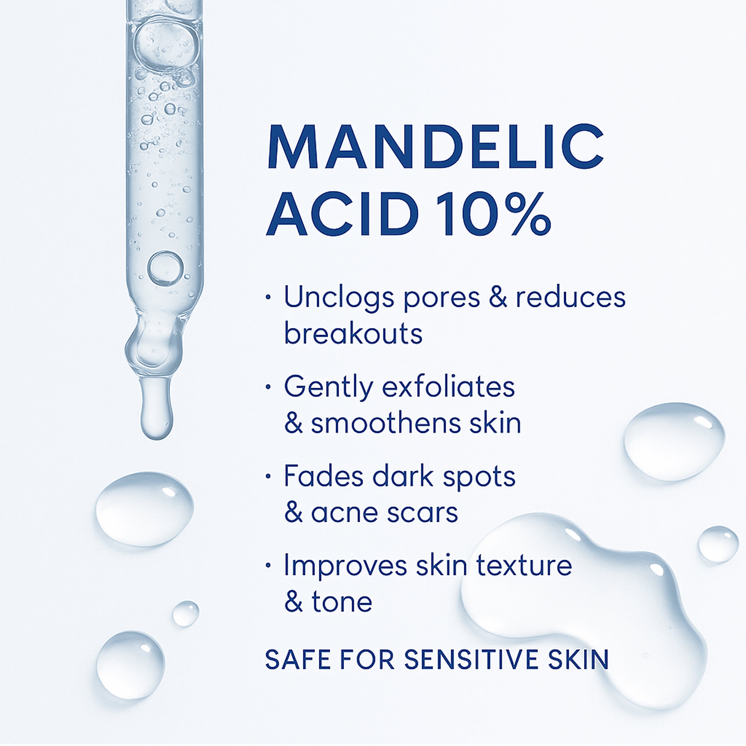 Mandelic Acid 10% serum benefits infographic showing unclogged pores, gentle exfoliation, reduced breakouts, faded dark spots, improved skin texture, and suitability for sensitive skin.