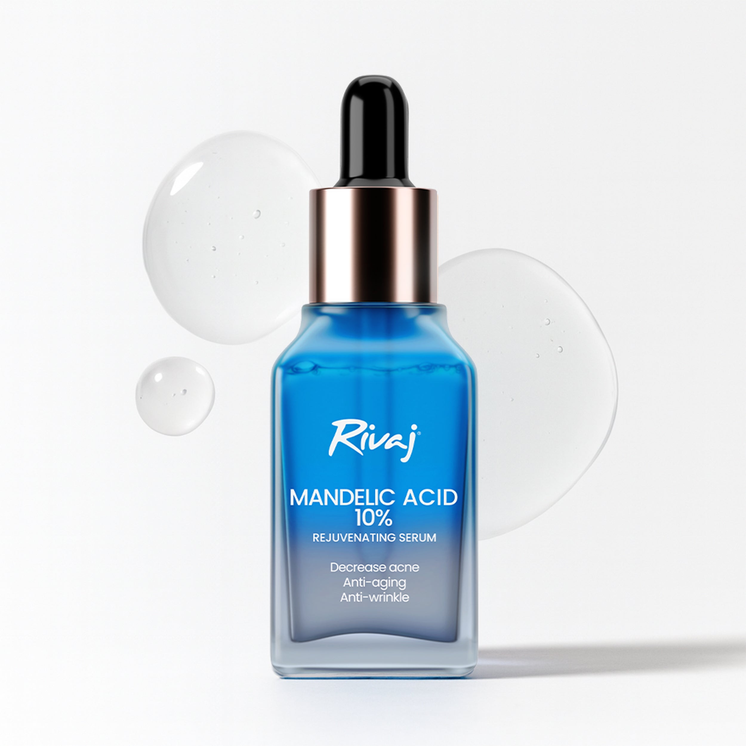 Rivaj Mandelic Acid 10% rejuvenating serum bottle on white background, formulated to gently exfoliate skin, reduce acne, and improve skin texture.