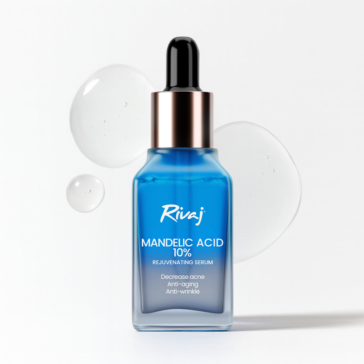 Rivaj Mandelic Acid 10% rejuvenating serum bottle on white background, formulated to gently exfoliate skin, reduce acne, and improve skin texture.
