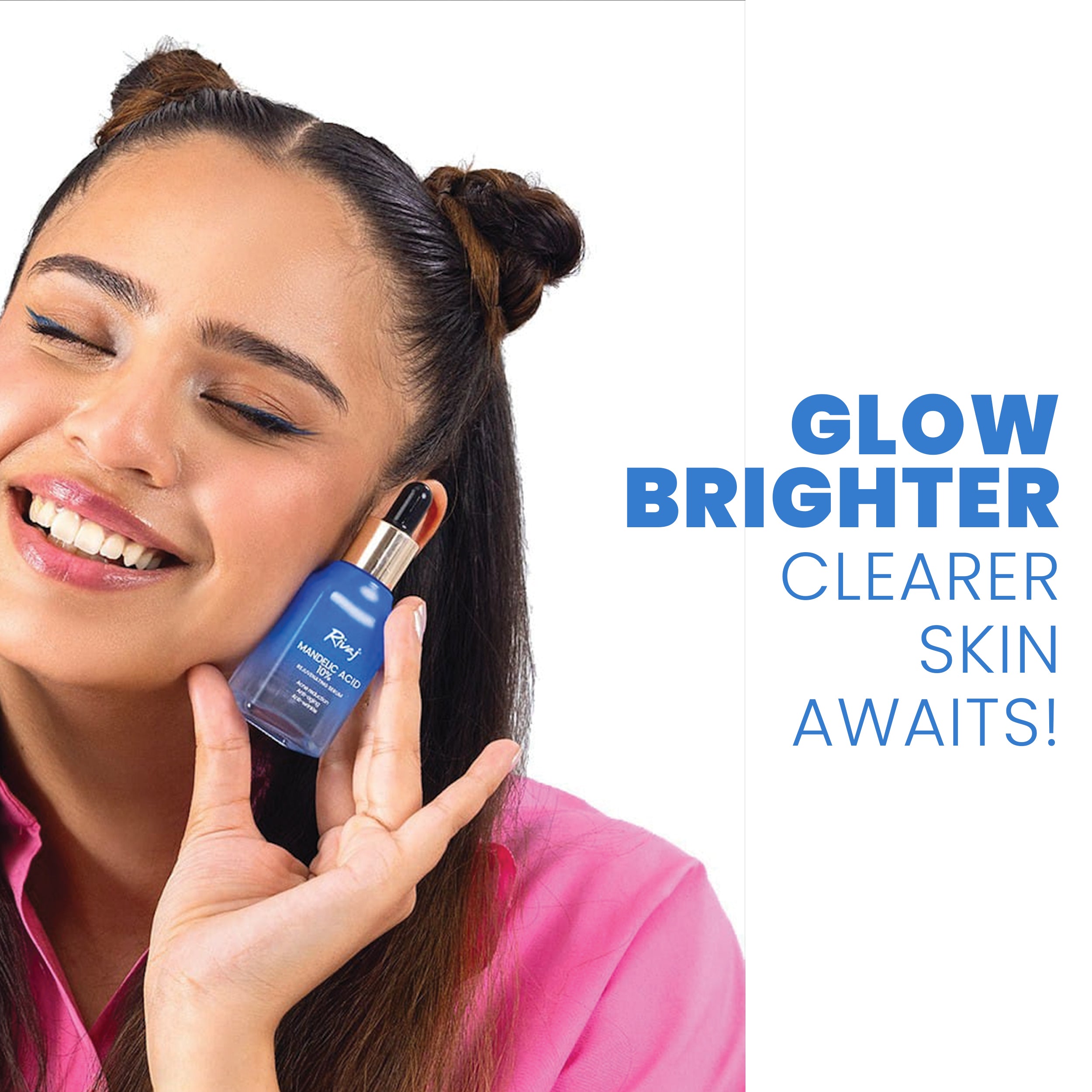 Woman holding Rivaj Mandelic Acid 10% serum with glowing, brighter, clearer skin, showcasing a gentle exfoliating skincare routine for radiant complexion.