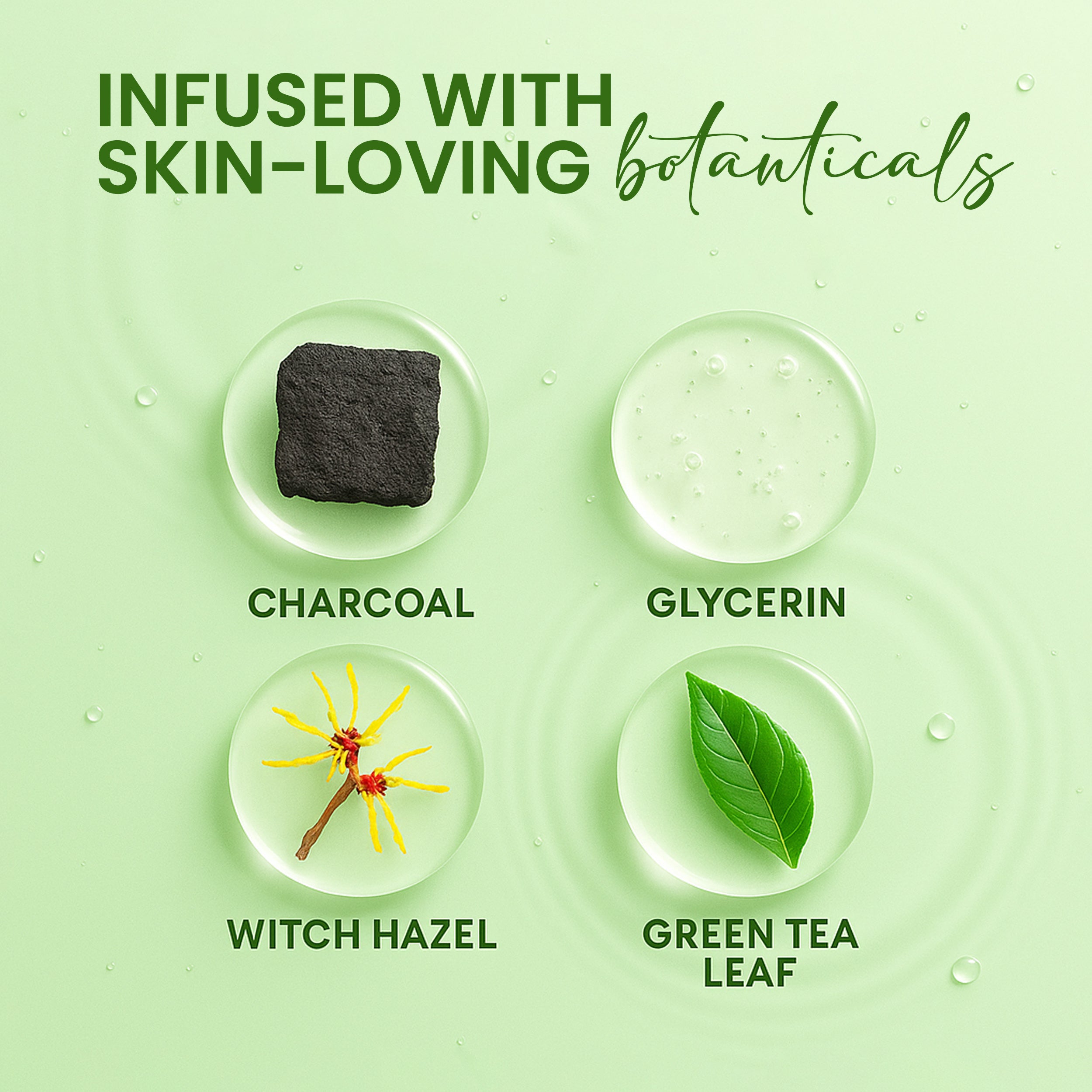 Botanical ingredients in Rivaj Green Tea Nose Strips including charcoal, glycerin, witch hazel, and green tea leaf
