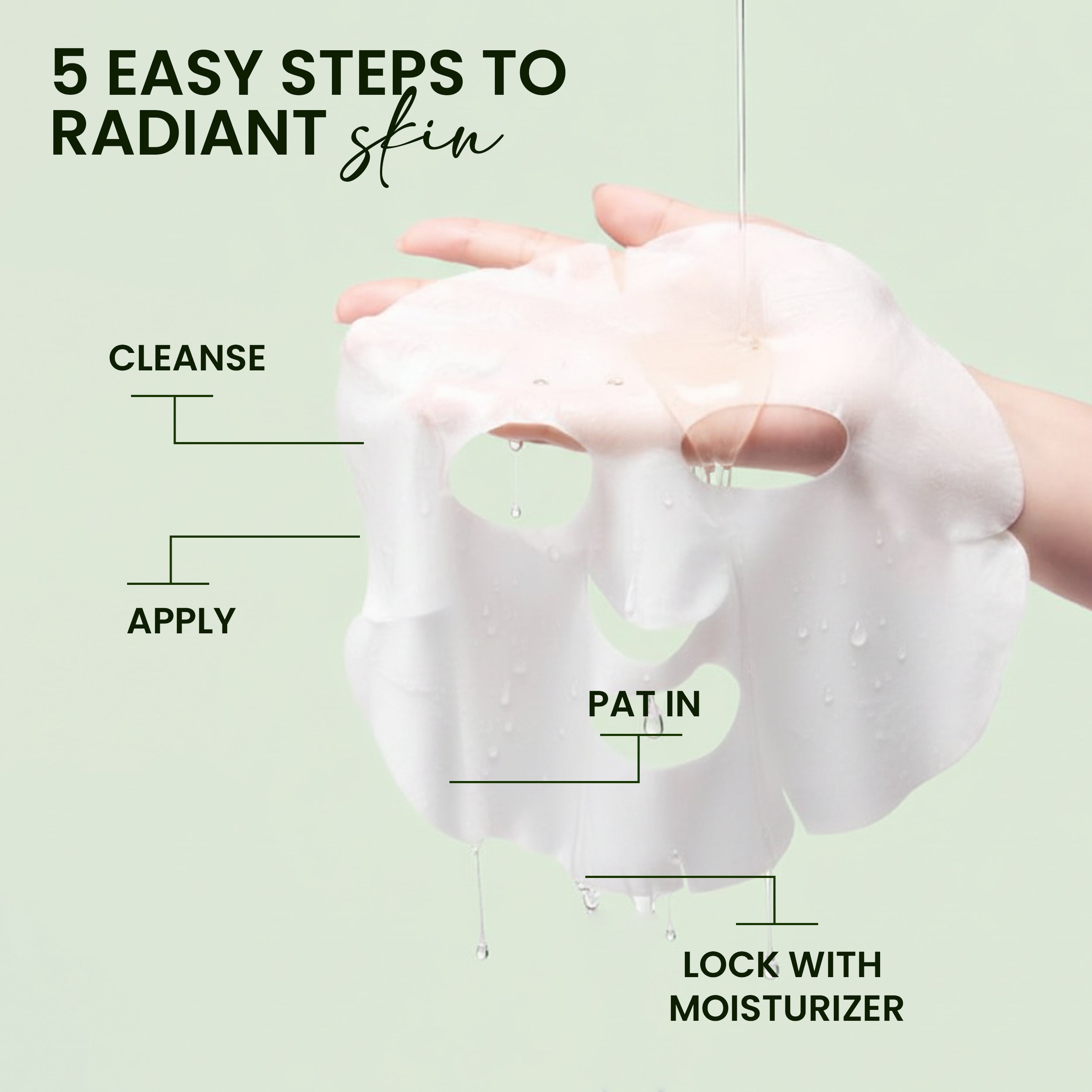 rivaj sheet mask routine showing 5 easy steps to radiant skin cleanse apply pat in essence and lock with moisturizer