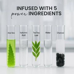 Rivaj UK sheet mask infused with aloe vera hyaluronic acid tea tree leaf charcoal and water shown as skincare ingredients for deep hydration and cleansing