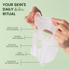 rivaj sheet mask showing daily detox skincare benefits including acne control deep hydration soothing irritated skin and oil balance