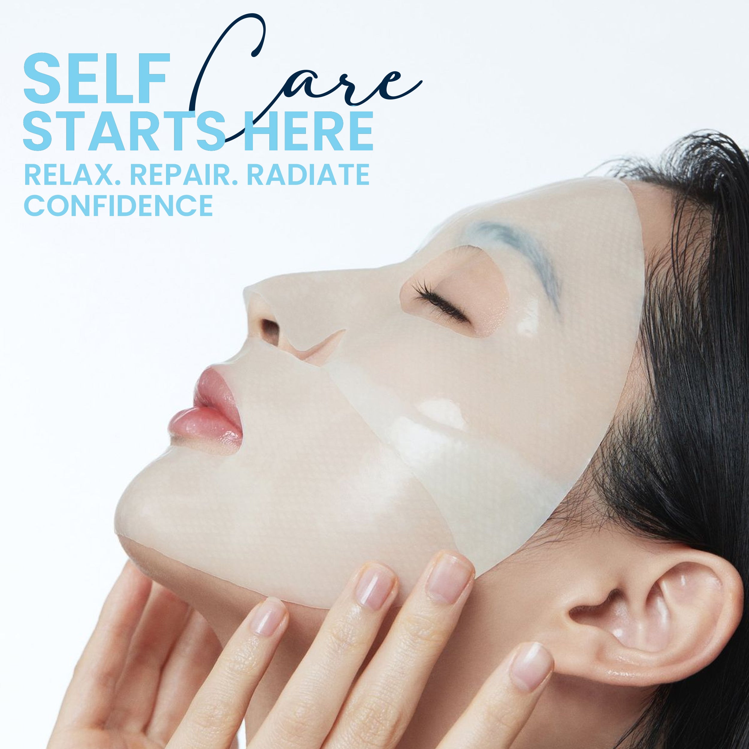 woman wearing rivaj sheet mask relaxing during self care routine for hydrated and radiant skin