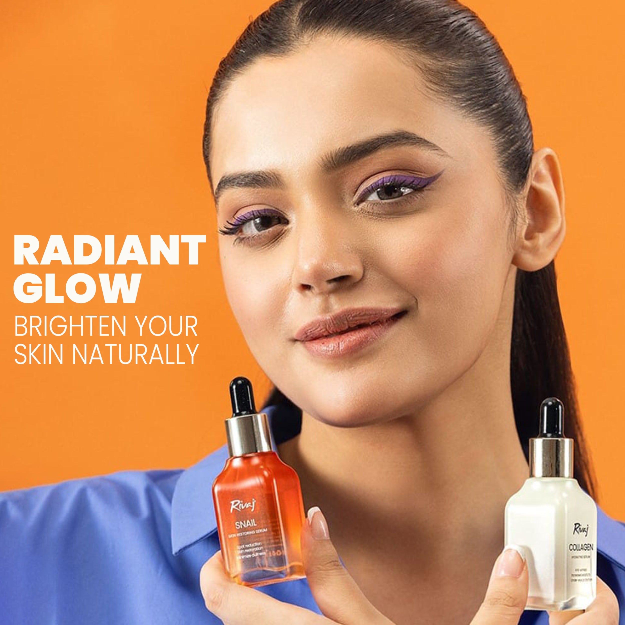 Woman holding Rivaj snail face serum for radiant glow and naturally bright, healthy skin.
