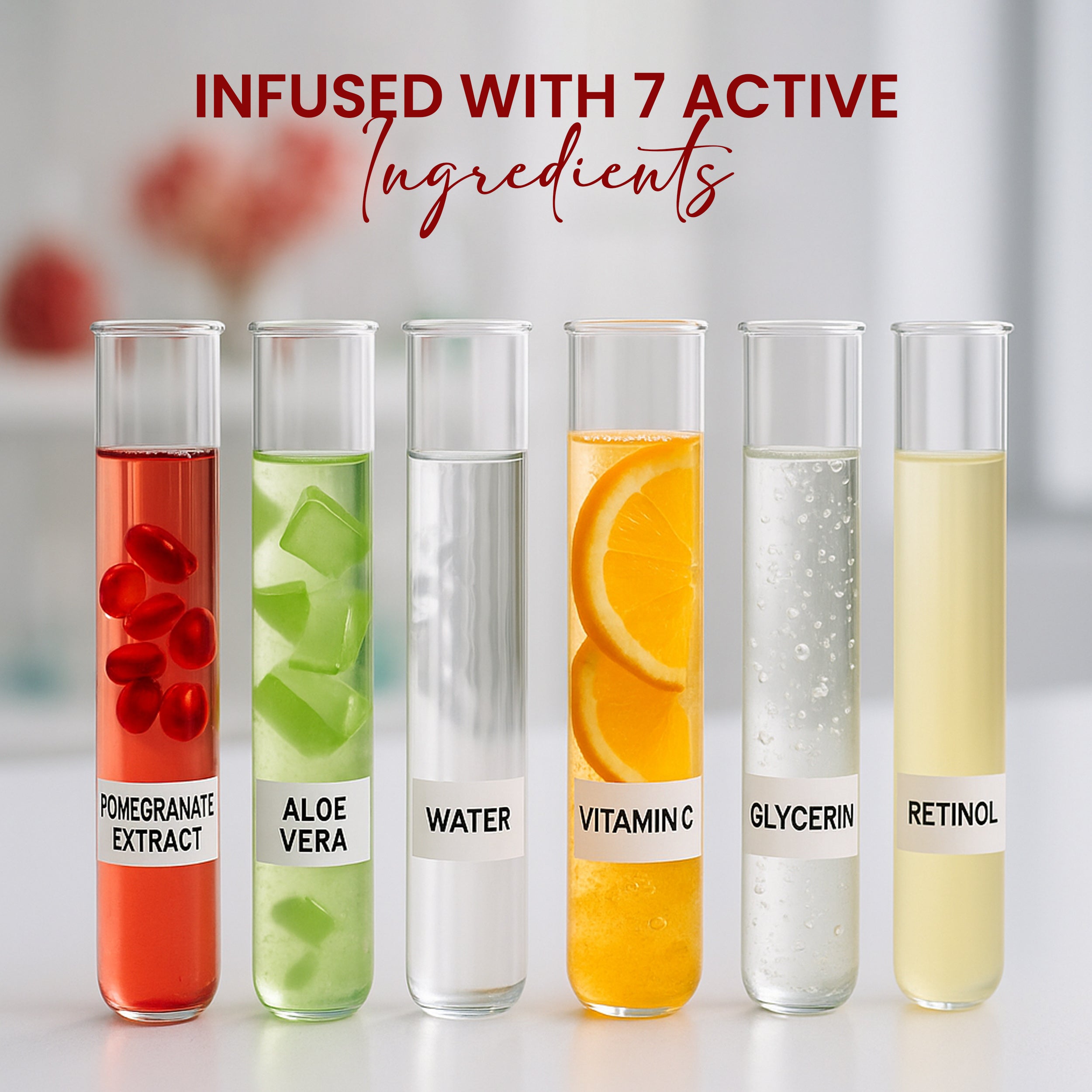 Skincare serum infused with active ingredients including pomegranate extract aloe vera vitamin C glycerin and retinol