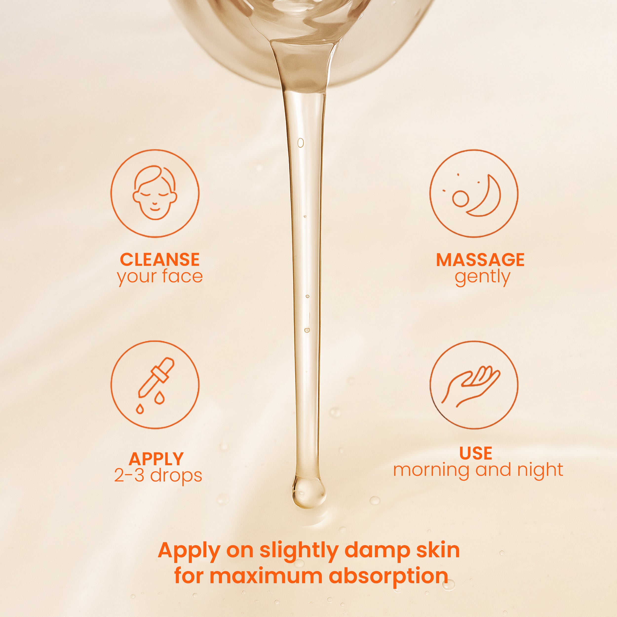 How to use snail skin restoring face serum showing cleanse face, apply 2–3 drops, gently massage, and use morning and night on slightly damp skin for maximum absorption.