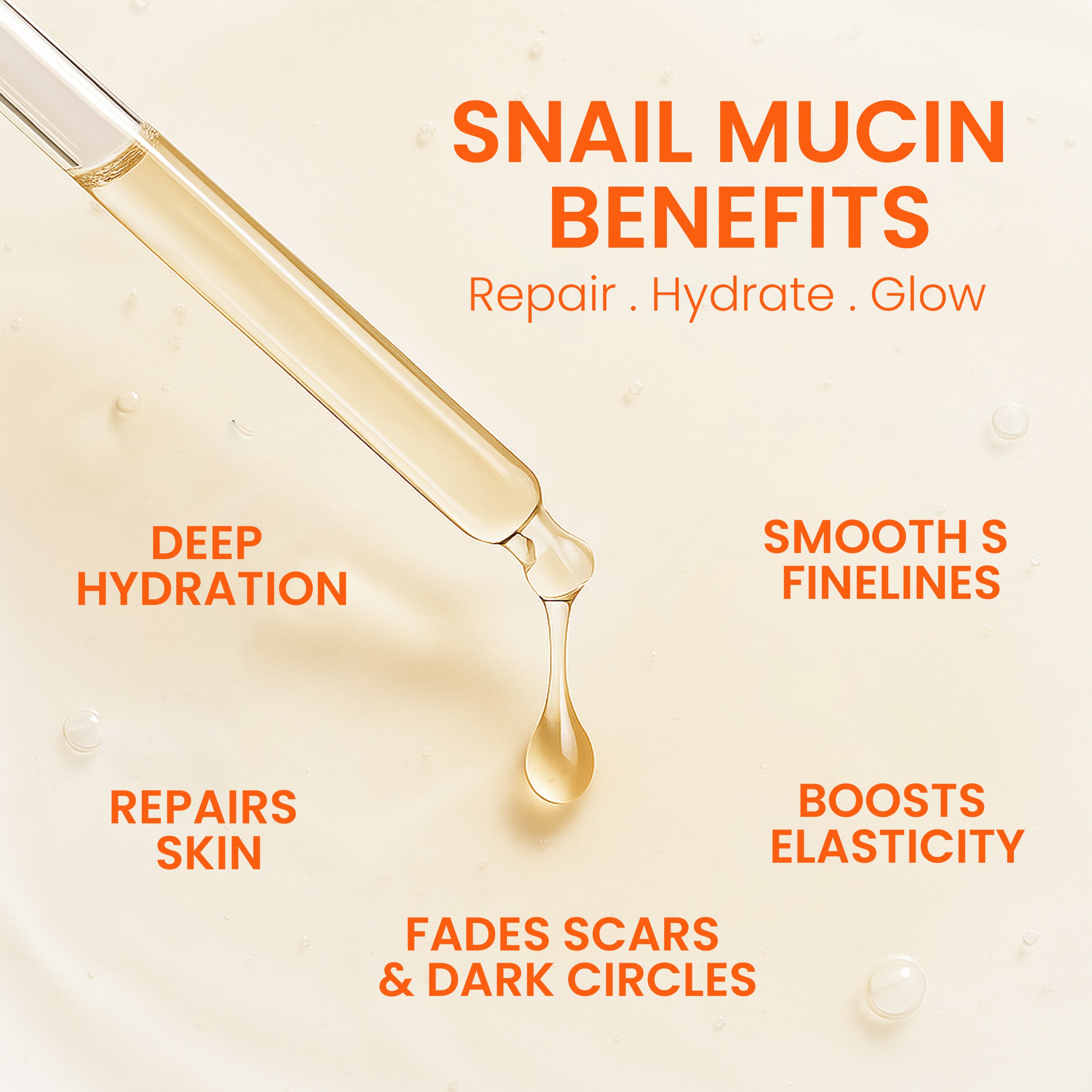 Snail mucin benefits with dropper and liquid on a beige background