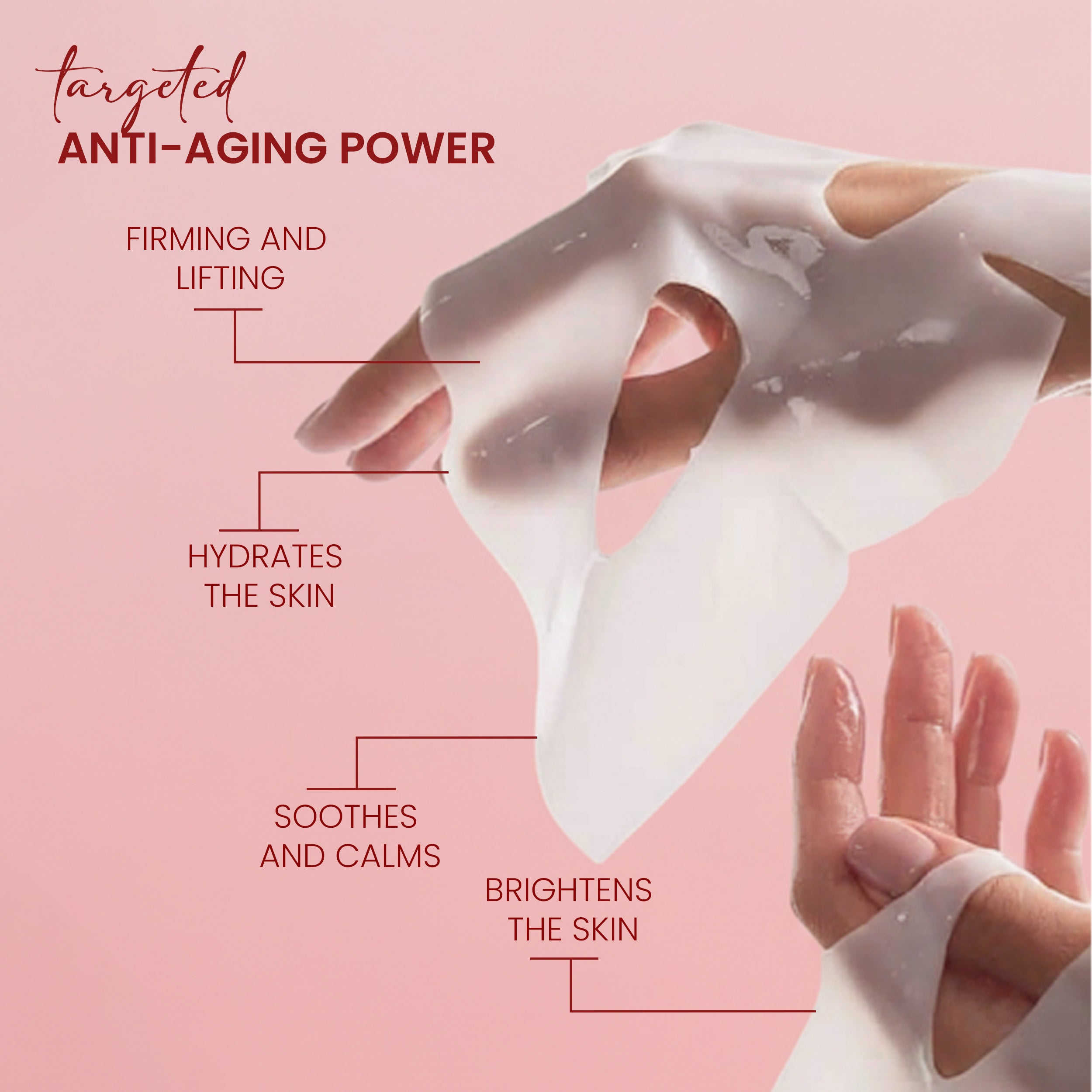 Targeted anti aging sheet mask benefits showing firming lifting hydration soothing and skin brightening