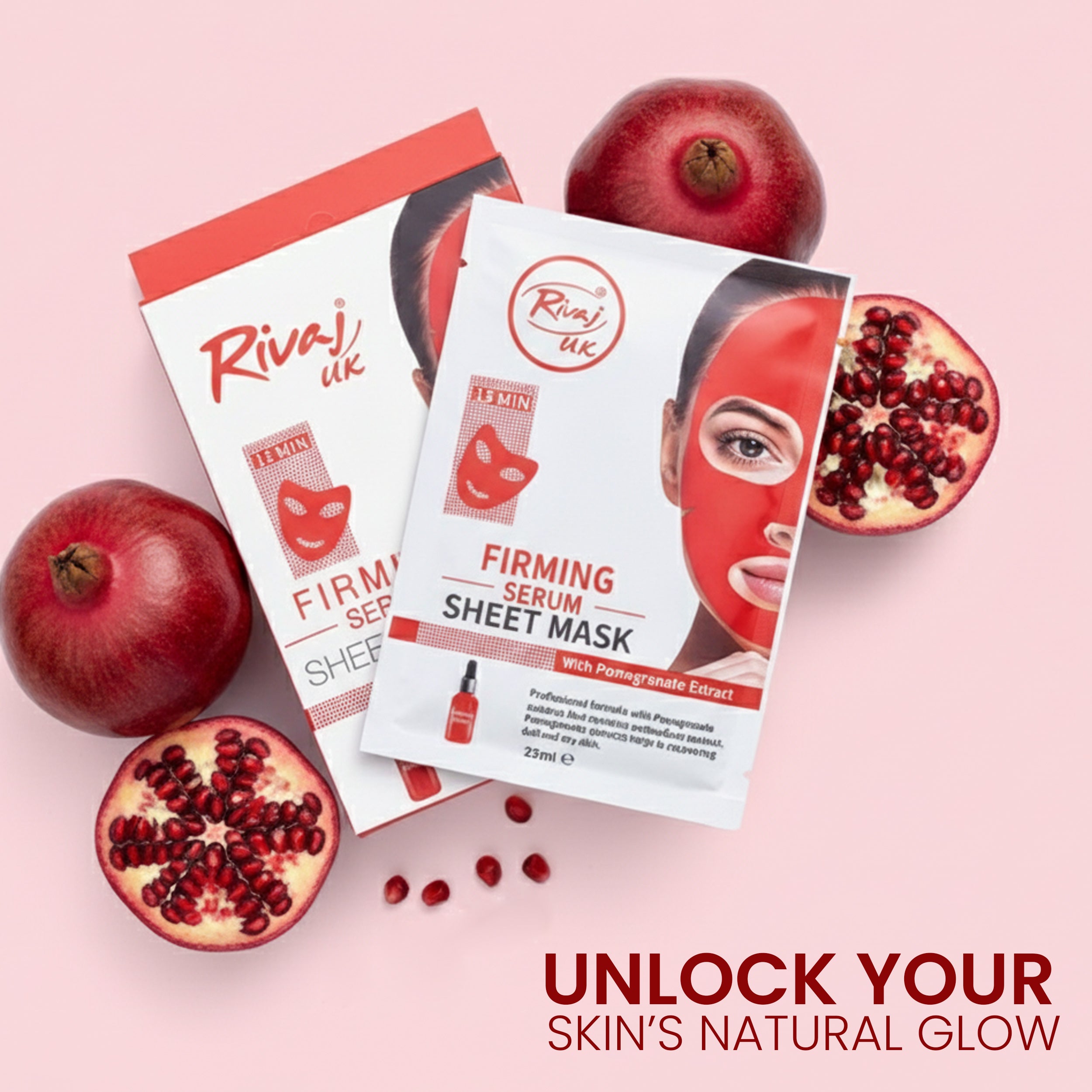 Firming sheet mask with pomegranate extract by Rivaj UK for radiant and glowing skin
